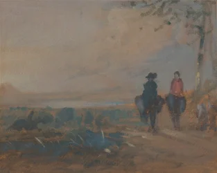 Landschaft mit See und zwei reitenden Figuren